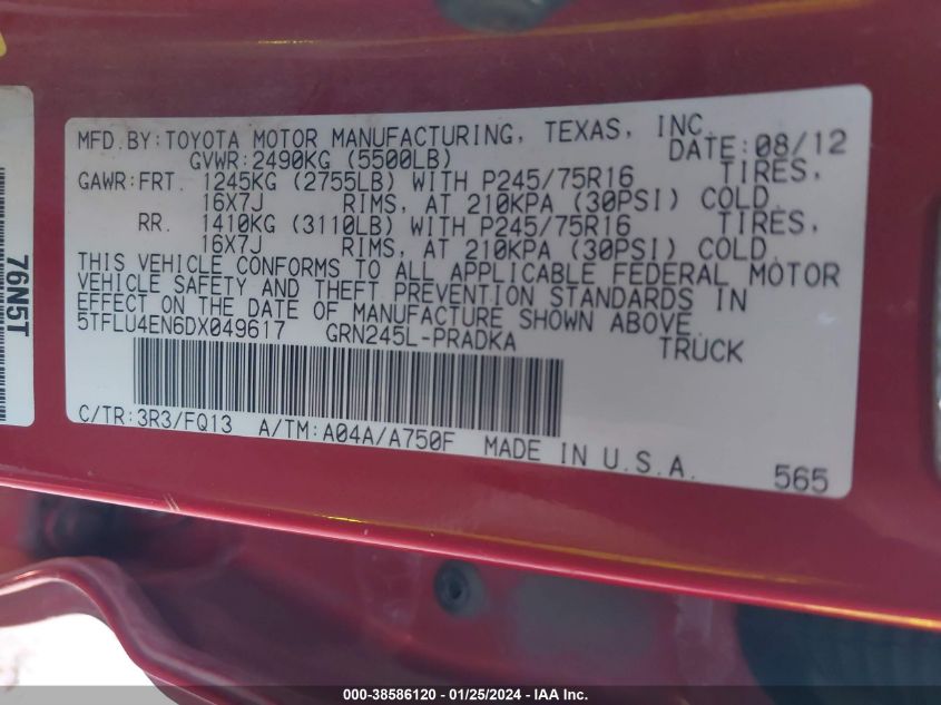 2013 TOYOTA TACOMA BASE V6 - 5TFLU4EN6DX049617