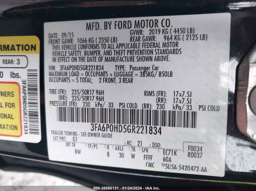 2016 FORD FUSION SE - 3FA6P0HD5GR221834