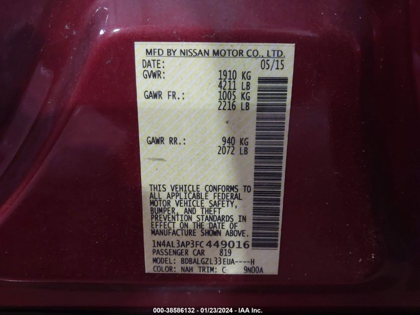 2015 NISSAN ALTIMA 2.5 S - 1N4AL3AP3FC449016