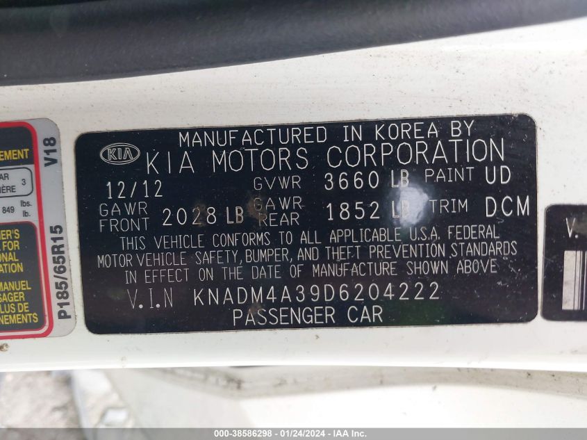 KNADM4A39D6204222 | 2013 KIA RIO