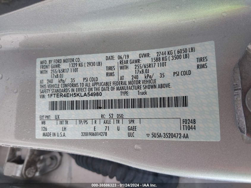 2019 FORD RANGER XL/XLT/LARIAT - 1FTER4EH5KLA54980
