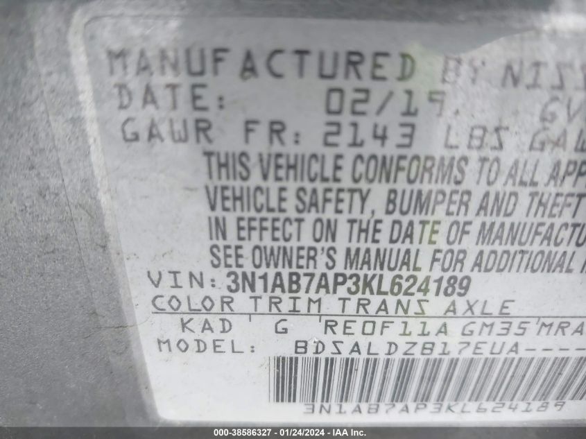 2019 NISSAN SENTRA SV - 3N1AB7AP3KL624189