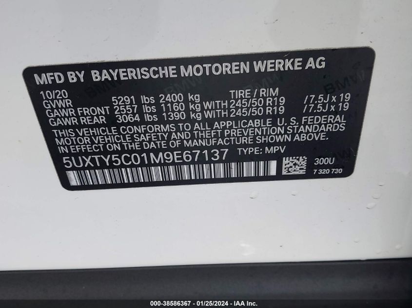 5UXTY5C01M9E67137 2021 BMW X3, photo no. 9