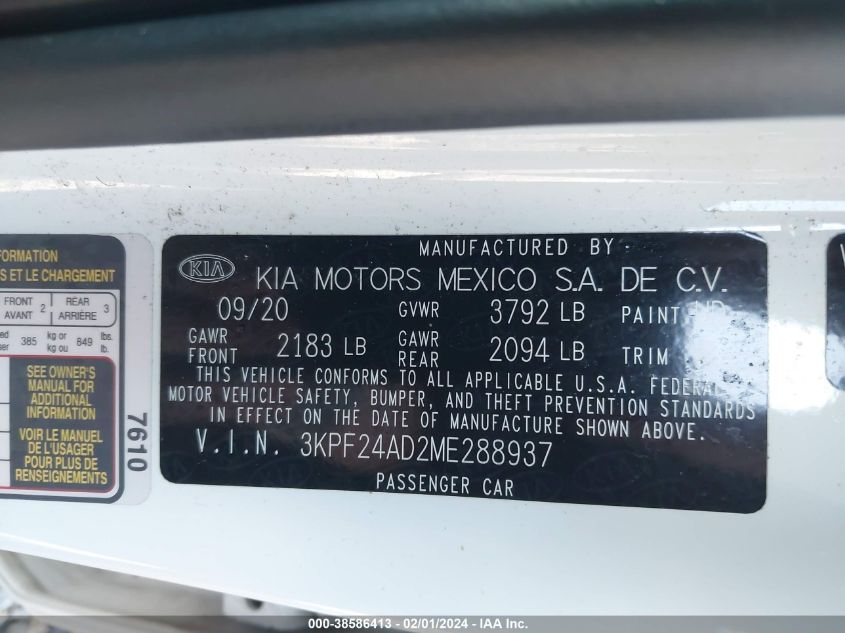 2021 KIA FORTE LXS - 3KPF24AD2ME288937