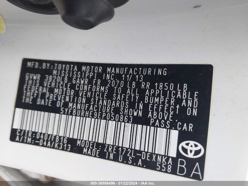 2014 TOYOTA COROLLA LE PLUS - 5YFBURHE9EP050863