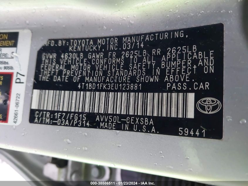 2014 TOYOTA CAMRY HYBRID HYBRID/LE/XLE - 4T1BD1FK3EU123881