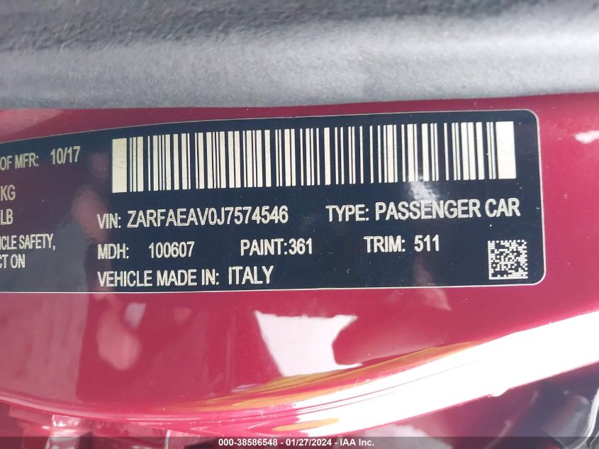 2018 ALFA ROMEO GIULIA QUADRIFOGLIO - ZARFAEAV0J7574546