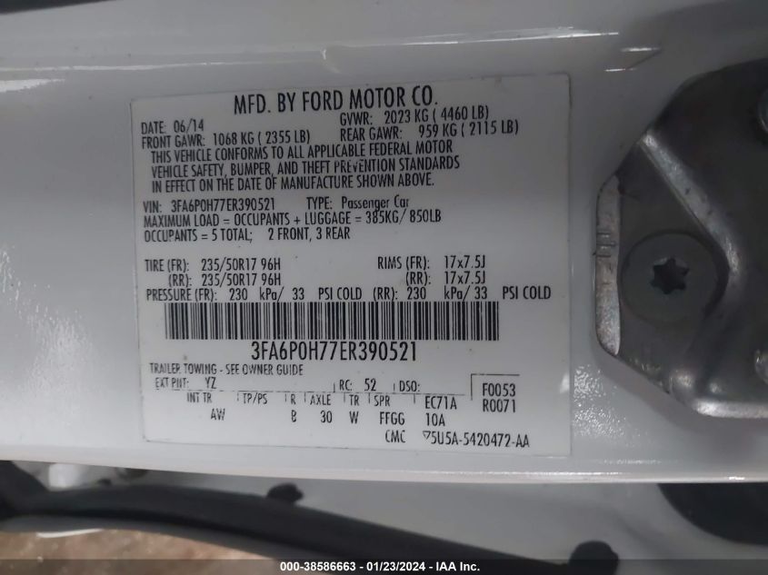 2014 FORD FUSION SE - 3FA6P0H77ER390521