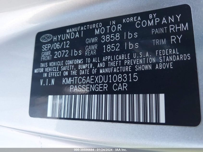 2013 HYUNDAI VELOSTER TURBO - KMHTC6AEXDU108315