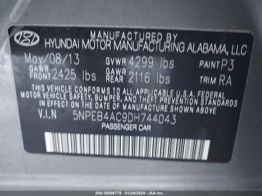 2013 HYUNDAI SONATA GLS - 5NPEB4AC9DH744043