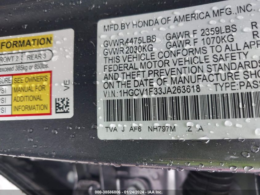 2018 HONDA ACCORD SPORT - 1HGCV1F33JA263618
