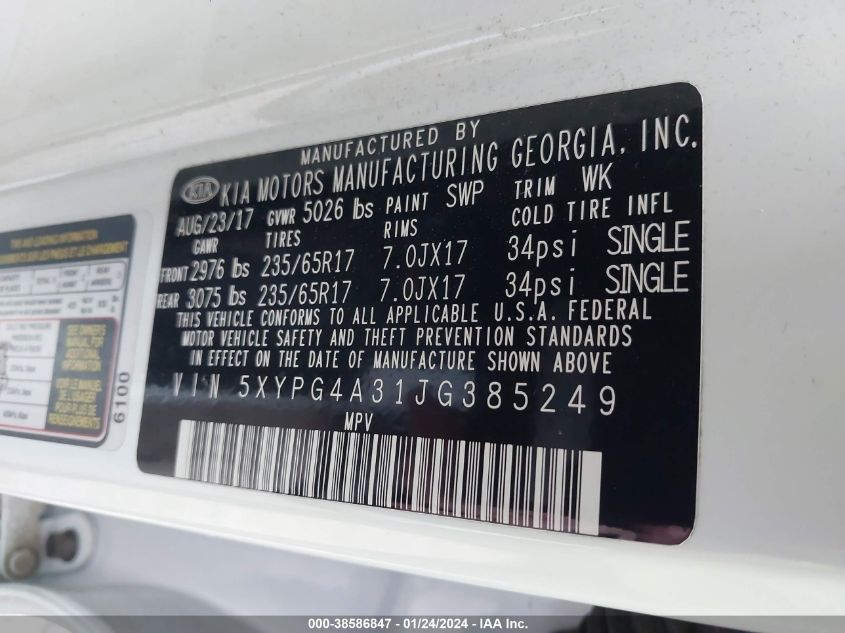 2018 KIA SORENTO LX/L - 5XYPG4A31JG385249