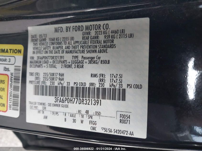 2013 FORD FUSION SE - 3FA6P0H77DR321391