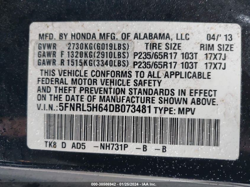 2013 HONDA ODYSSEY EXL - 5FNRL5H64DB073481