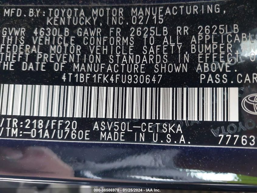 2015 TOYOTA CAMRY LE/XLE/SE/XSE - 4T1BF1FK4FU930647
