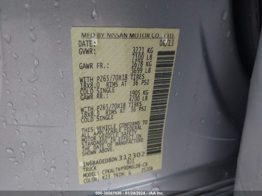 2013 NISSAN TITAN S/SV/SL/PRO-4X - 1N6BA0ED8DN312302