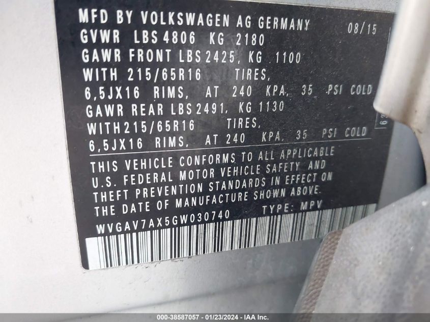 2016 VOLKSWAGEN TIGUAN S - WVGAV7AX5GW030740