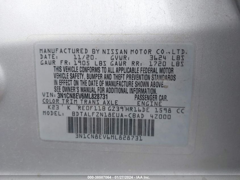 2021 NISSAN VERSA SV - 3N1CN8EV6ML828731