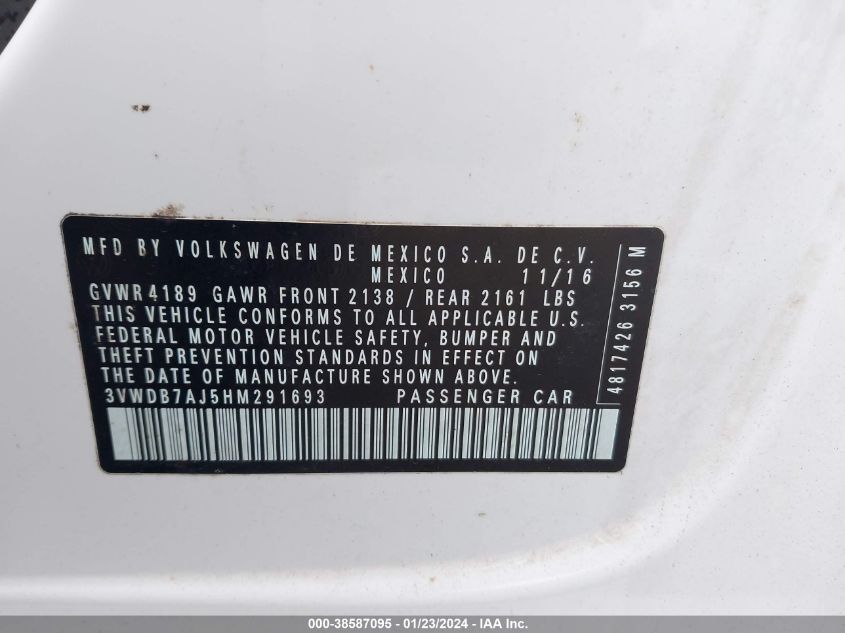 2017 VOLKSWAGEN JETTA 1.4T SE - 3VWDB7AJ5HM291693