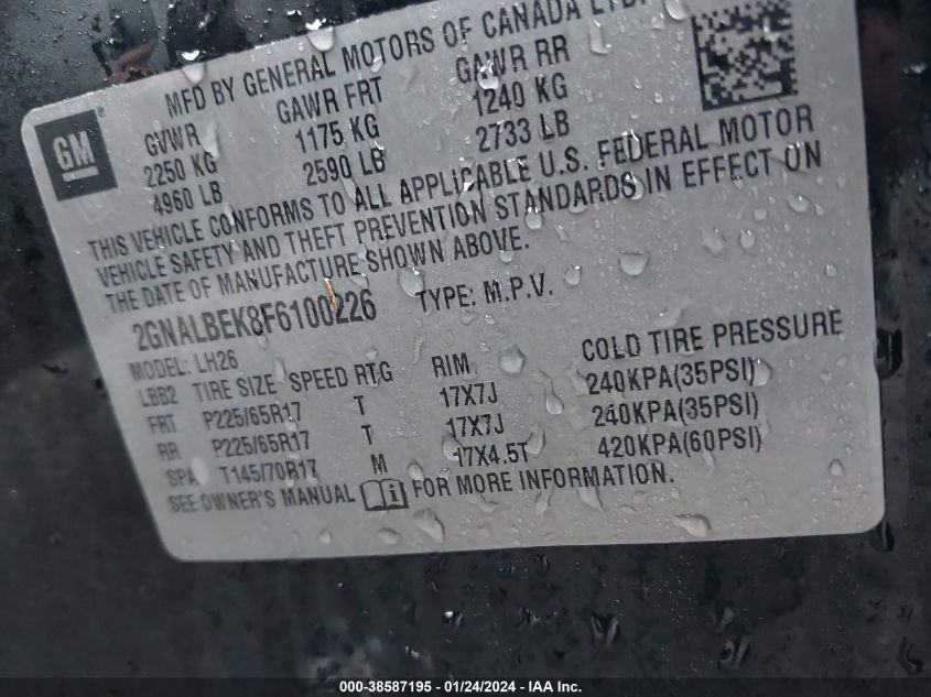 2015 CHEVROLET EQUINOX LT - 2GNALBEK8F6100226