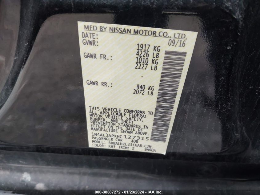 2017 NISSAN ALTIMA 2.5/S/SV/SL/SR - 1N4AL3APXHC127315
