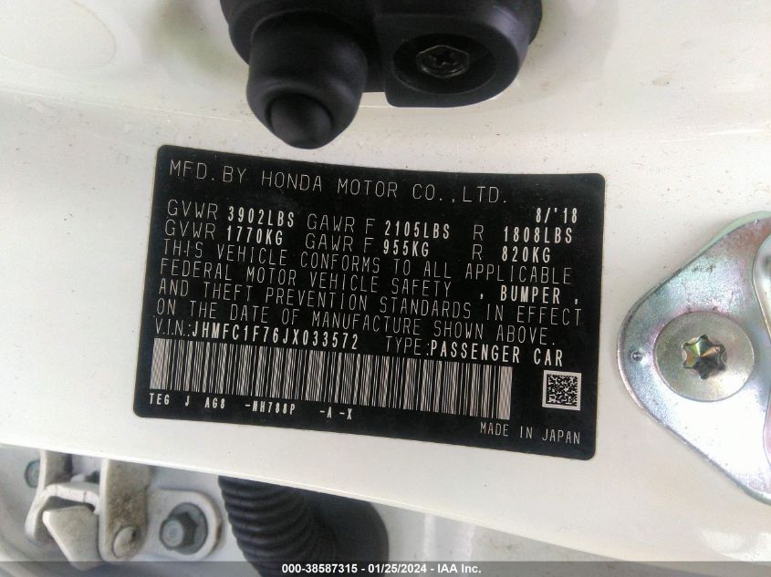 2018 HONDA CIVIC EXL - JHMFC1F76JX033572