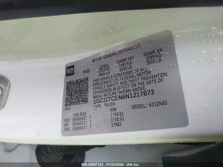 2022 CHEVROLET COLORADO LT - 1GCGTCEN6N1217873