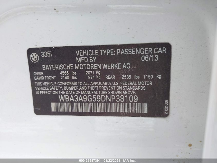 2013 BMW 335I - WBA3A9G59DNP38109