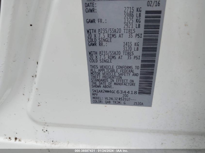 2016 NISSAN PATHFINDER PLATINUM - 5N1AR2MM4GC634418