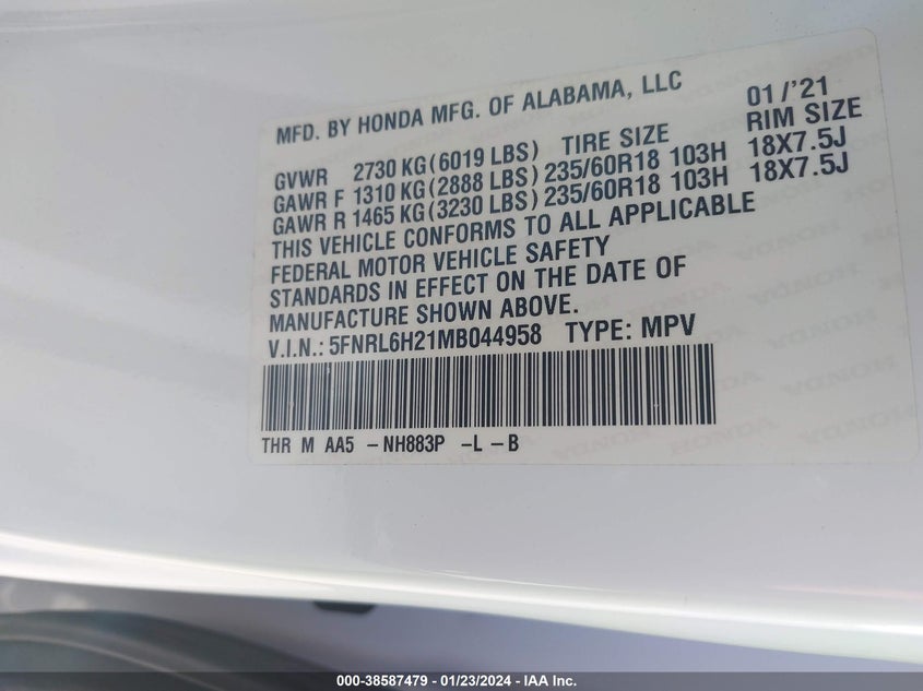 VIN 5FNRL6H21MB044958 2021 HONDA ODYSSEY LX