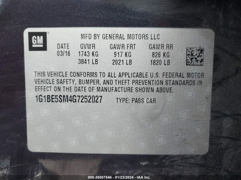 2016 CHEVROLET CRUZE LT - 1G1BE5SM4G7252027
