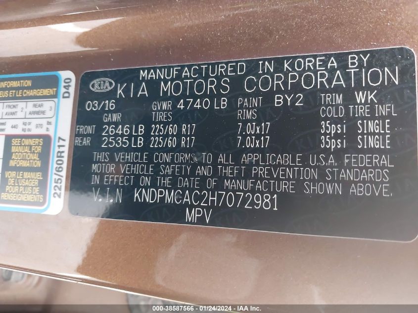 2017 KIA SPORTAGE LX - KNDPMCAC2H7072981