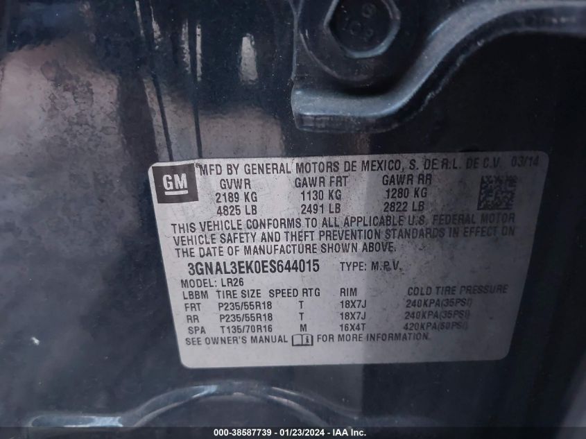 2014 CHEVROLET CAPTIVA SPORT LT - 3GNAL3EK0ES644015