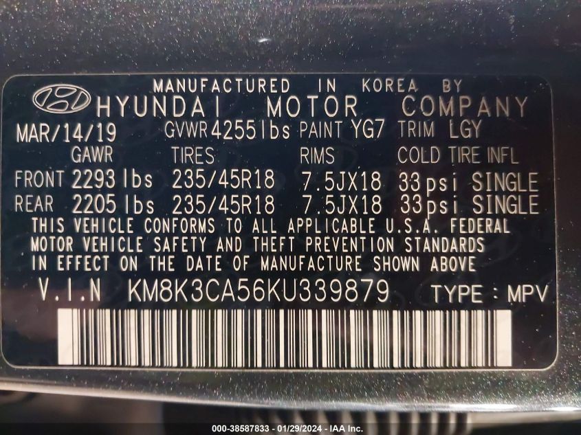 2019 HYUNDAI KONA LIMITED - KM8K3CA56KU339879