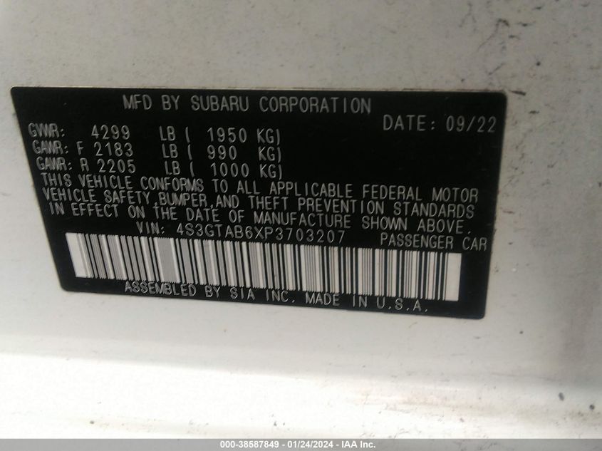 VIN 4S3GTAB6XP3703207 2023 SUBARU IMPREZA BASE 5-DOOR