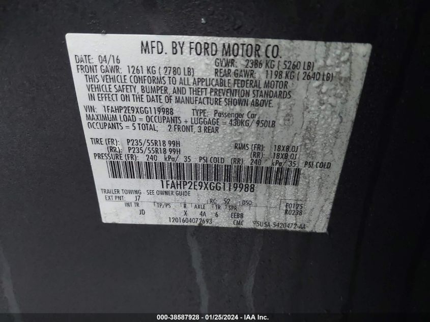 2016 FORD TAURUS SEL - 1FAHP2E9XGG119988