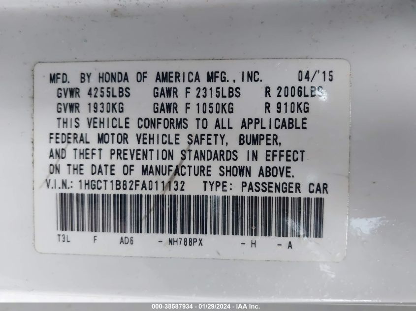2015 HONDA ACCORD EX-L - 1HGCT1B82FA011132