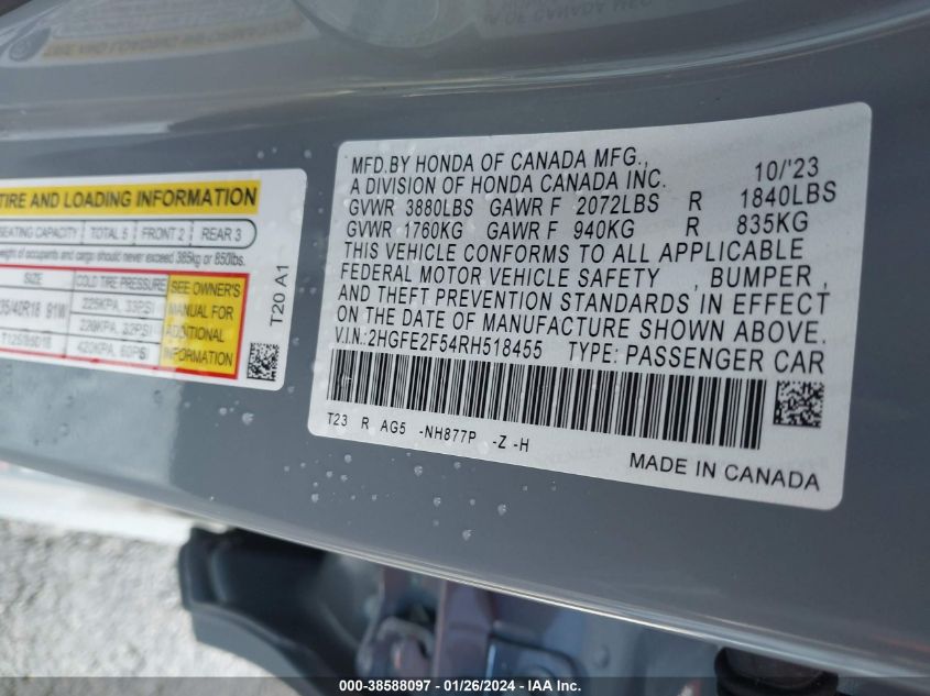 2024 HONDA CIVIC SPORT - 2HGFE2F54RH518455