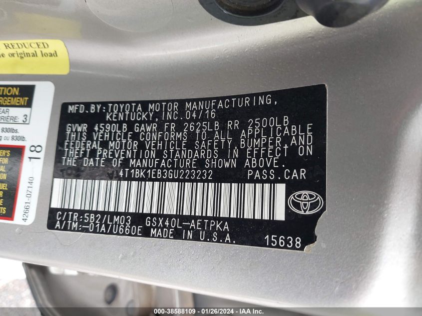 2016 TOYOTA AVALON LIMITED - 4T1BK1EB3GU223232