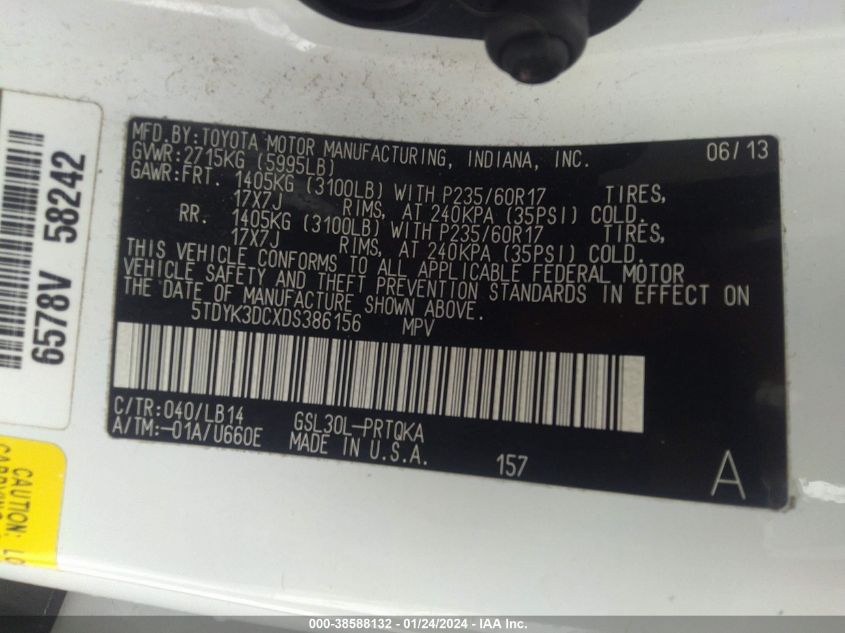 2013 TOYOTA SIENNA XLE V6 8 PASSENGER - 5TDYK3DCXDS386156