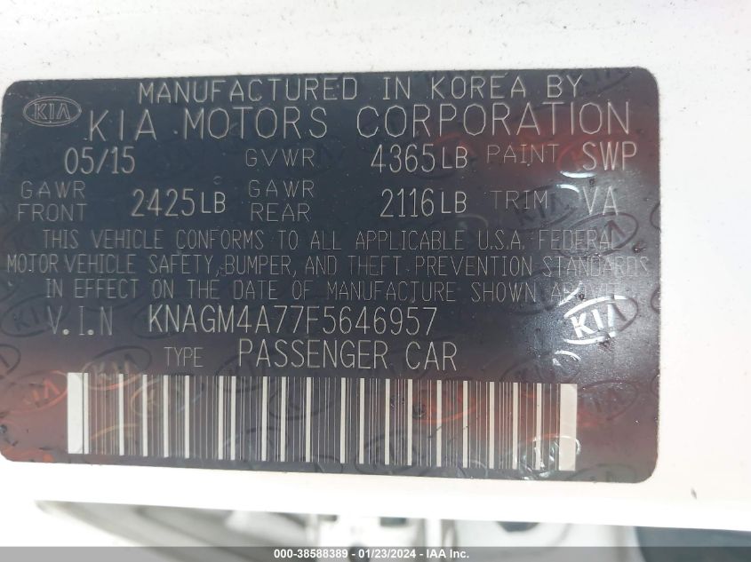 2015 KIA OPTIMA LX - KNAGM4A77F5646957