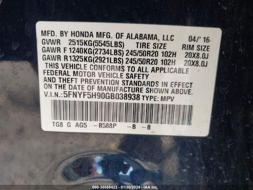 2016 HONDA PILOT TOURING - 5FNYF5H90GB038938