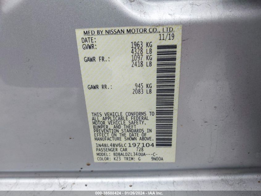 2020 NISSAN ALTIMA S FWD - 1N4BL4BV6LC197104