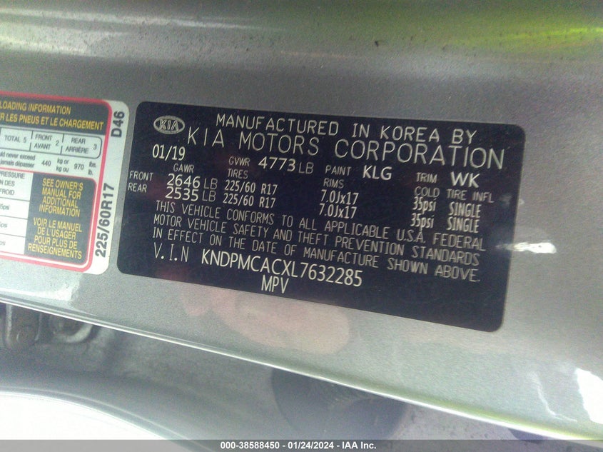 VIN KNDPMCACXL7632285 2020 KIA SPORTAGE LX