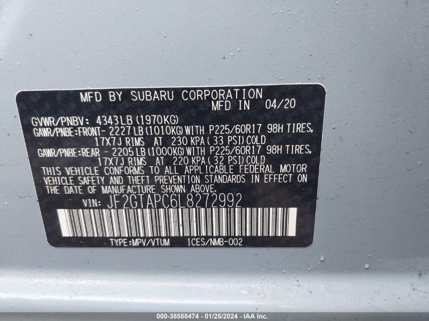 2020 SUBARU CROSSTREK PREMIUM - JF2GTAPC6L8272992