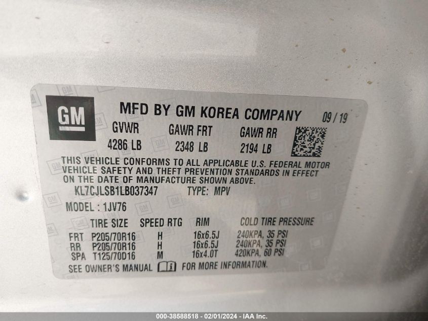 2020 CHEVROLET TRAX FWD LT - KL7CJLSB1LB037347