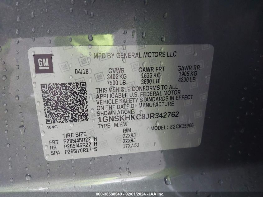 2018 CHEVROLET SUBURBAN LT - 1GNSKHKC8JR342762