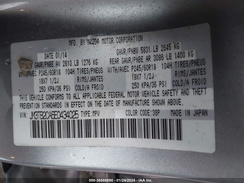 2014 MAZDA CX-9 TOURING - JM3TB2CA6E0434025