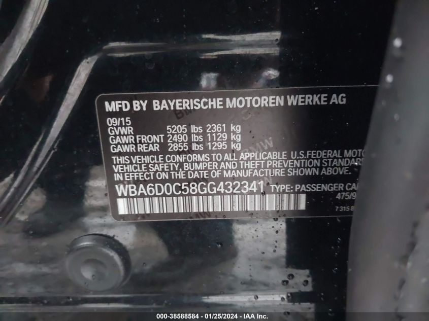 2016 BMW 640 I GRAN COUPE WBA6D0C58GG432341