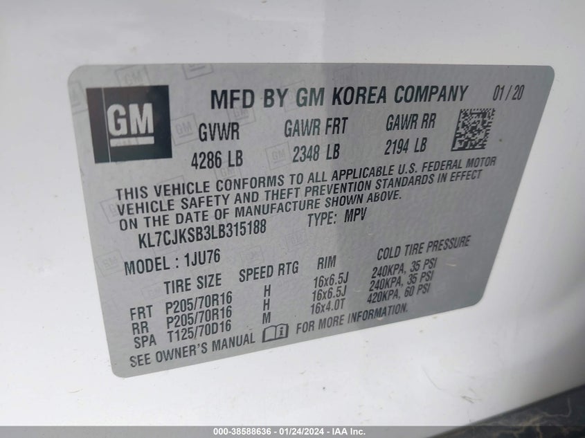 VIN KL7CJKSB3LB315188 2020 CHEVROLET TRAX FWD LS